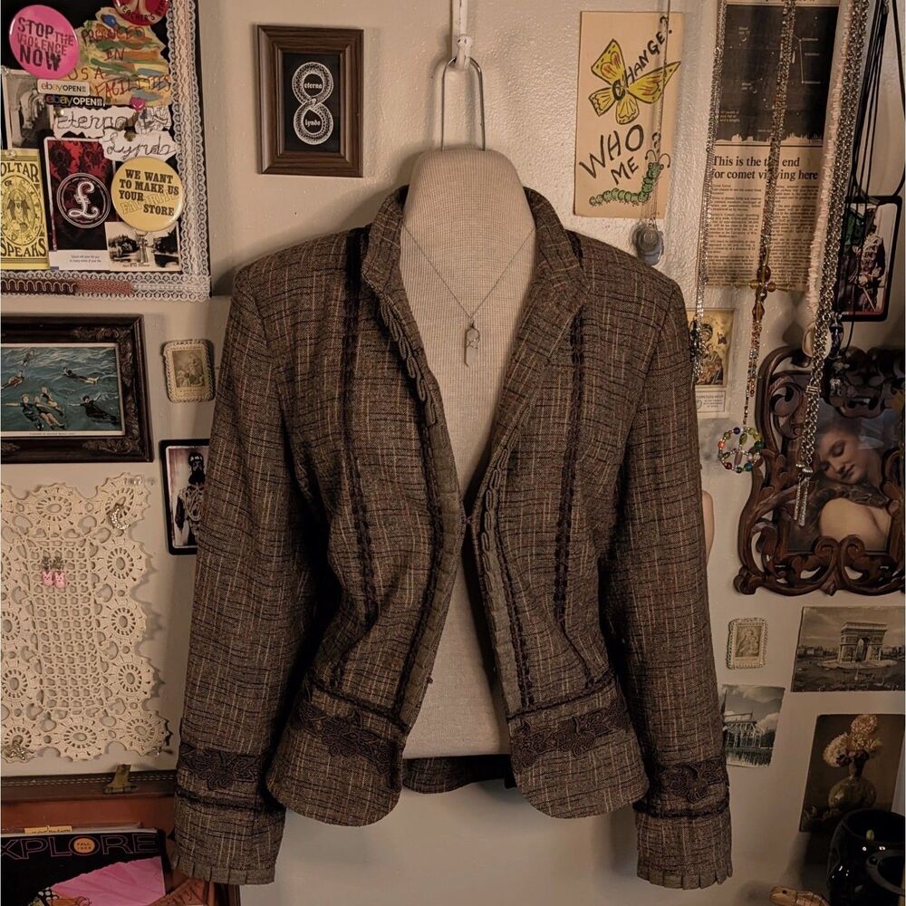 Tweed Lace Trim Blazer Jacket Women's 14 Large Brown Wool
